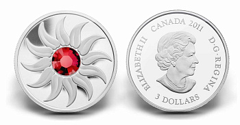 Канада 3 доллара 2011 на день рождения, июль, камень месяца рубин KM NEW серебро PROOF 4-3-4-31