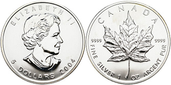 Канада 5 долларов 2004 кленовый лист KM 625 серебро BUNC 00-000-00