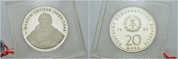 ГДР 20 марок 1983 A, 500 лет со дня рождения Мартина Лютера (1483-1546), в оригинальной коробке с пломбой J.1591, KM 94 серебро PROOF 10-005-81