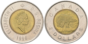Канада 2 доллара 1996 Елизавета II (1952-2022), полярный медведь KM 270 биметалл UNC 190-737