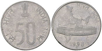 Индия 50 пайс 1998 монетный двор знак звездочка - Хайдарабад	 KM 69 нержавеющая сталь 4582-712