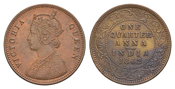 Британская Индия 1/4 анны 1862 Виктория (1837-1901) KM 467 медь 75-1754