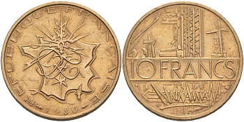 Франция 10 франков 1980 тип Матье KM 940, Le Franc 365.15-16 никель латунь 4593-546