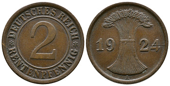 ГЕРМАНИЯ 2 РЕНТЕНПФЕННИГА 1924 A KM 31, J.307 бронза 86-1237