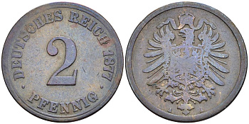 ГЕРМАНИЯ 2 ПФЕННИГА 1877 А, СТАРОГЕРБОВКА KM 2, Jager 2, Weege 3 медь 4546-616