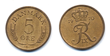 ДАНИЯ 5 ЭРЕ 1970 C; S, ФРЕДЕРИК IX (1947-1972) KM 848.1 бронза UNC 51-4341