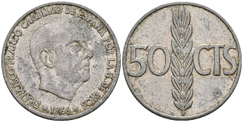 Испания 50 сентимо 1966 (68) Франсиско Франко (1939-1975) KM 795 алюминий 4388-651