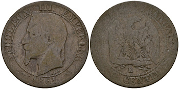 Франция 5 сантимов 1861 K - Бордо, Наполеон III (1852 - 1870) KM 797 бронза 51-1147