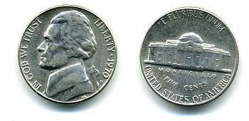 США 5 ЦЕНТОВ 1970 D, ДЖЕФФЕРСОН KM A192 медно-никель 53-453