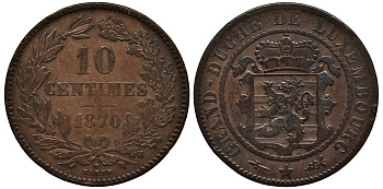 ЛЮКСЕМБУРГ 10 САНТИМОВ 1870 u, ГЕРЦОГ ВИЛЛЕМ III НИДЕРЛАНДСКИЙ (1849-1890), МОНДВОР УТРЕХТ, С ТОЧКОЙ НАД BARTH НА РЕВЕРСЕ КМ 23.1 бронза 4536-434