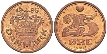 ДАНИЯ 25 ЭРЕ 1995 LG; JP; A, МАРГРЕТЕ II (1972-) KM 868.1 бронза 100-646