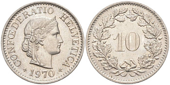 Швейцария 10 раппенов 1970 KM 27 медно-никель 55-426