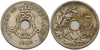 Бельгия 5 сантимов 1906 Belgique KM 54 медно-никель 4136-465