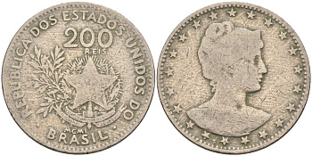 Бразилия 200 рейс 1901 голова свободы вправо KM 504 медно-никель 4589-1051
