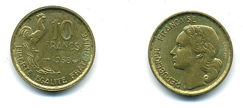 Франция 10 франков 1953 петух KM 915.1, Le Franc 363.8 алюминиевая бронза 84-811