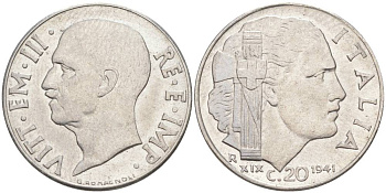ИТАЛИЯ 20 ЧЕНТЕЗИМО 1941 R, ГОД XIX, ВИКТОР ЭММАНУИЛ III (1900-1946) KM 75b, VEM3. 1028 нержавеющая сталь 3853-1025