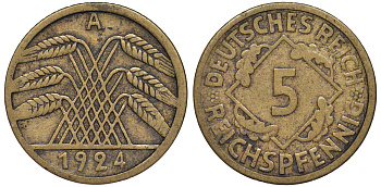 Германия 5 рейхспфеннигов 1924 A KM 39, J. 316 алюминиевая бронза 4602-1231