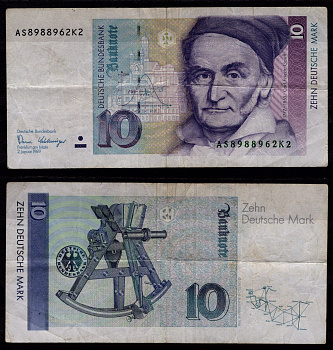ФРГ 10 немецких марок 1989 Карл Фридрих Гаусс, секстант Pick 38 a бумага 8604-24-1-2