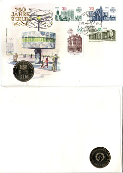ГДР 5 марок 1987 750 лет Берлину, Александрплац, в конверте с маркой (КПД - Конверт первого дня Гашения) KM 116 медь цинк никель UNC 9000-08