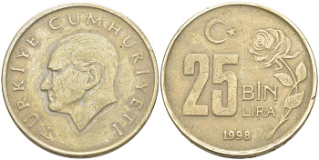 Турция 25000 лир 1998 Мустафа Кемаль Ататюрк KM 1041 медь никель цинк 4525-631