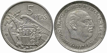 ИСПАНИЯ 5 ПЕСЕТ 1957 (64) ФРАНСИСКО ФРАНКО ДИКТАТОР ИСПАНИИ (1939-1975) KM 786 медно-никель 113-122