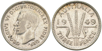 Австралия 3 пенса 1949 KG, Георг VI (1937-1952) KM 44 серебро 4585-262
