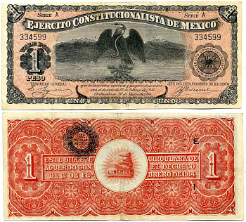 Мексика, Чиуауа 1 песо 1914 30 марта 1914, EJERCITO CONSTITUCIONALISTA DE M?XICO, серия А, надпечатка "E", I Pick S 523a бумага 8603-11-1-1