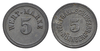 Нюрнберг 5 пфеннигов ND Обувная фабрика, Wert Marke Men05 19344.3, Men18 24214.3 цинк 1528-721