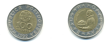Португалия 100 эскудо 1992 Педру Нуниш (1502-1578), математик KM 645.1 биметалл 56-1026