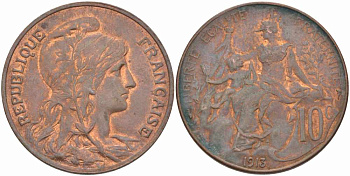 ФРАНЦИЯ 10 САНТИМОВ 1913 ТИП ДАНИЭЛЬ ДЮПЮИ KM 843, LA FRANC 136.23 бронза 109-332