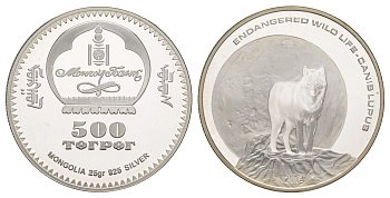 Монголия 500 тугриков 2003 Вымирающие виды - Волк (Canis lupus), с сертификатом, тираж 10.000 экземпляров KM 204 серебро PROOF 11-153-22