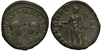Римская Империя, Провинция Фракия, Месембрия пентассарий 244 - 249 Филипп I Араб, бюсты Филиппа I и Отацилии Северы / Гермес, 10,69 гр Varbanov 4241 медь 1073-5-5-4