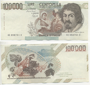 Италия 100000 лир 1983 Караваджо, фруктовый букет, подпись Speziali Pick 110b бумага 7220-24-3