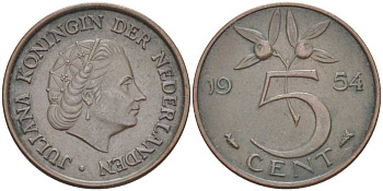 НИДЕРЛАНДЫ 5 ЦЕНТОВ 1954 ЮЛИАНА (1948-1980) KM 181 бронза 213-1017