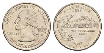 США 25 центов (квотер, 1/4 доллара) 2007 D, серия штаты США, штат Вашингтон KM 397 медь плакированная медно-никелем UNC 4652-851
