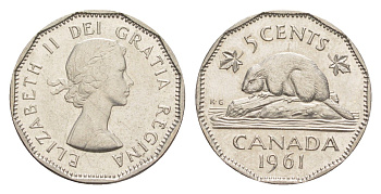 Канада 5 центов 1961 Елизавета II (1952-2022), бобр KM 50a никель aUNC 4639-439