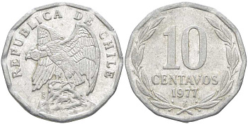 Чили 10 сентаво 1977 KM 205a алюминий 4402-417