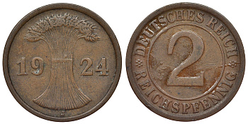 Германия 2 рейхспфеннига 1924 J KM 38, J. 314, Weege 4 бронза 4121-556