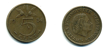 НИДЕРЛАНДЫ 5 ЦЕНТОВ 1954 ЮЛИАНА KM 181 бронза 76-416