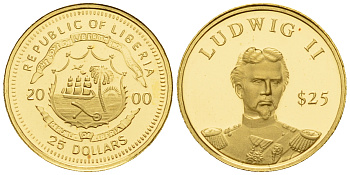 Либерия 25 долларов 2000 Людвиг II золото PROOF 00-819-37