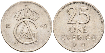 Швеция 25 эре 1968 Густав VI Адольф (1950-1973) KM 836 медно-никель UNC 4585-457