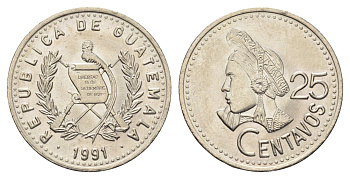 Гватемала 25 сентаво 1991 KM 278.5 медно-никель UNC 4666-726