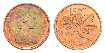 Канада 1 цент 1965 Елизавета II (1952-2022), кленовый лист KM 59 бронза 4639-326