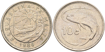 Мальта 10 центов 1986 золотая макрель KM 76 медно-никель 4588-154