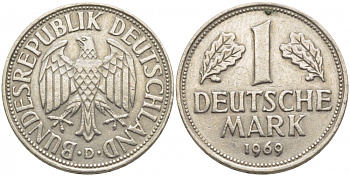 ФРГ 1 МАРКА 1969 D J.385, KM 110 медно-никель 3856-117