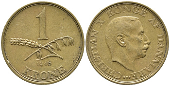 ДАНИЯ 1 КРОНА 1946 N; S, КРИСТИАН X (1912-1947) KM 835 алюминиевая бронза 32-322