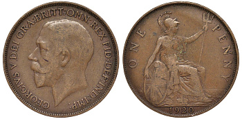 Великобритания 1 пенни 1920 Георг V (1910-1936) KM 810, Spink 4051 бронза 4123-1131