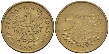 ПОЛЬША 5 ГРОШЕЙ 1991 MW KM 278 латунь 187-861
