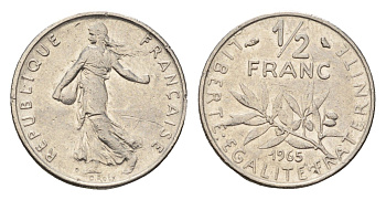 Франция 1/2 франка 1965 KM 931.1 никель 4685-324