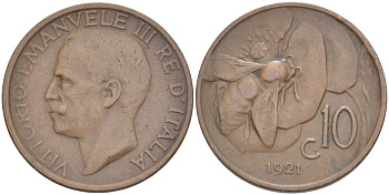 ИТАЛИЯ 10 ЧЕНТЕЗИМО 1921 R, МОНДВОР РИМ, ВИКТОР ЭММАНУИЛ III (1900-1946) KM 60 медь 4525-227